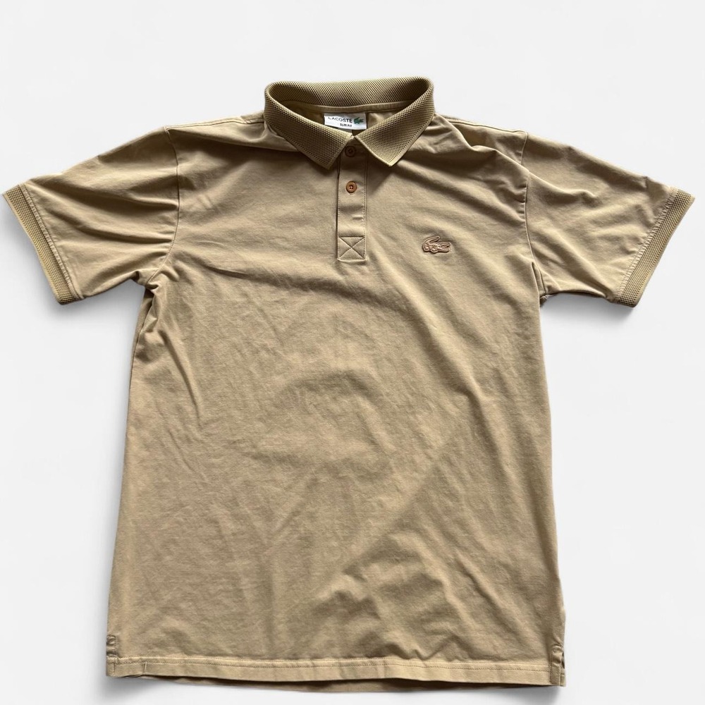 New without tags Lacoste golf polo shirt in tan & brown, size M athletic stretch